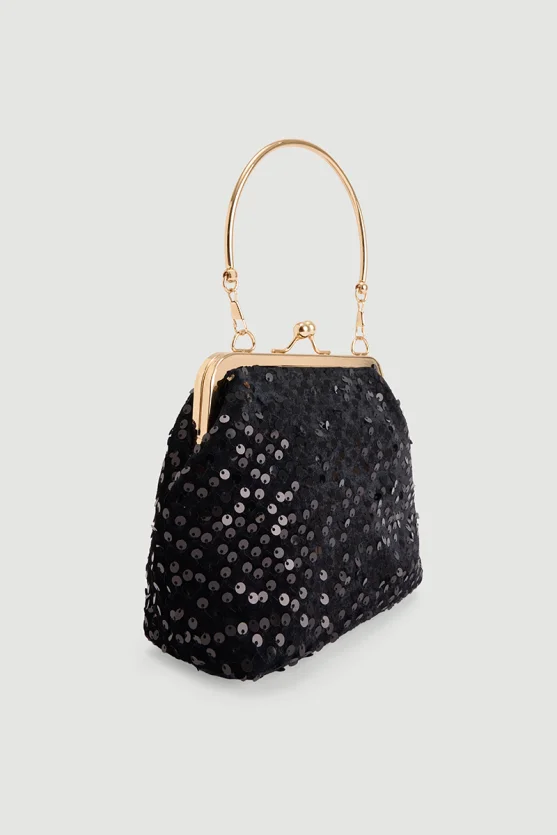 Sequin Velvet Evening Clutch with Metal Strap - Black - 3