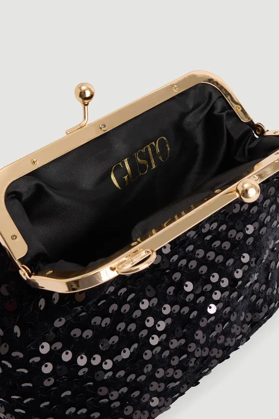 Sequin Velvet Evening Clutch with Metal Strap - Black - 4