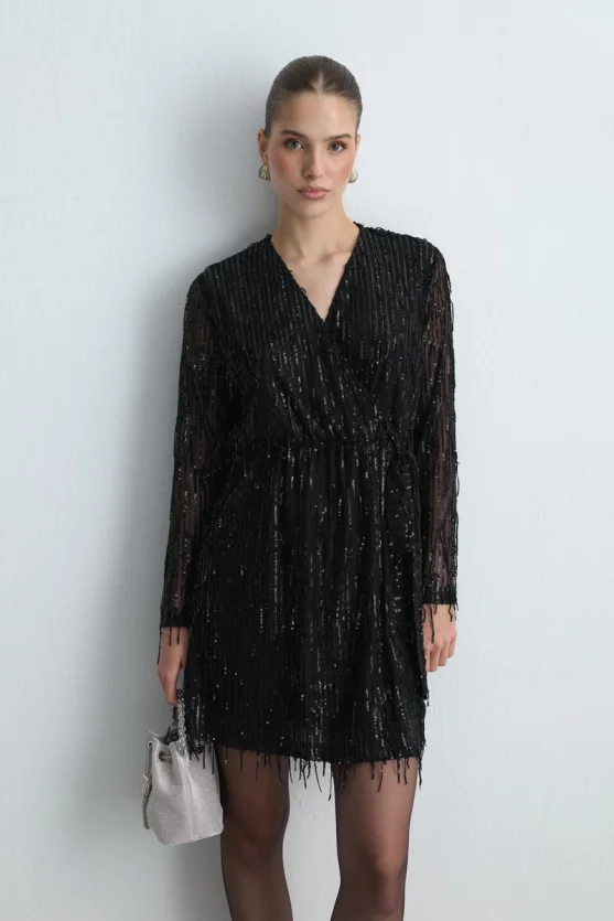 Sequin Wrap Evening Dress - Black - 2