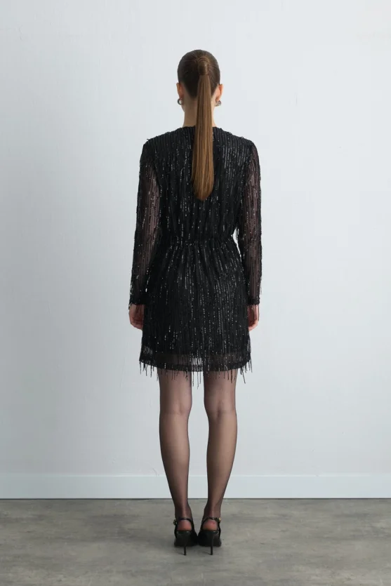 Sequin Wrap Evening Dress - Black - Gusto