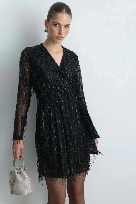 Sequin Wrap Evening Dress - Black - 4
