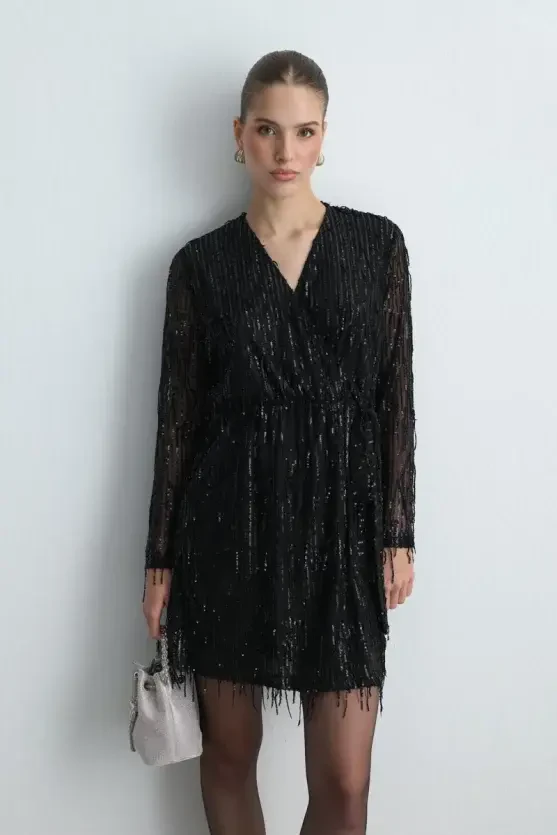 Sequin Wrap Evening Dress - Black - 2