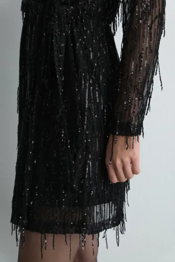 Sequin Wrap Evening Dress - Black - 5