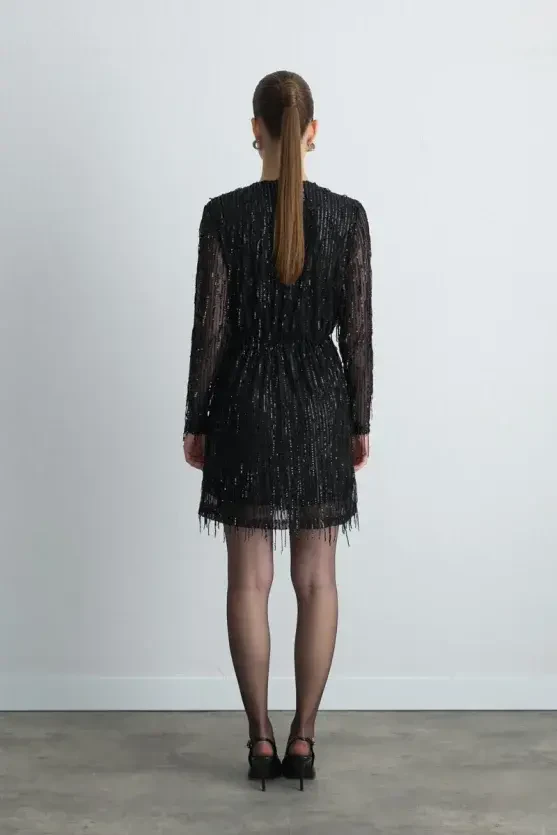 Sequin Wrap Evening Dress - Black - Gusto