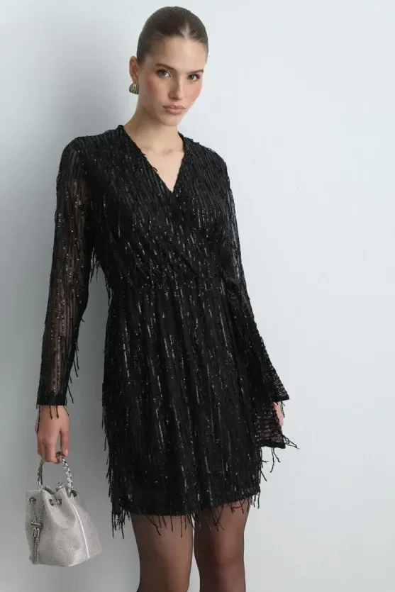 Sequin Wrap Evening Dress - Black - 4
