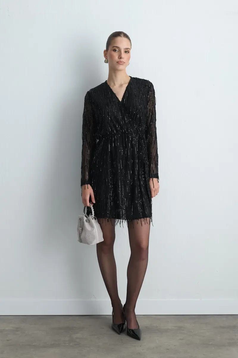 Sequin Wrap Evening Dress - Black - 1