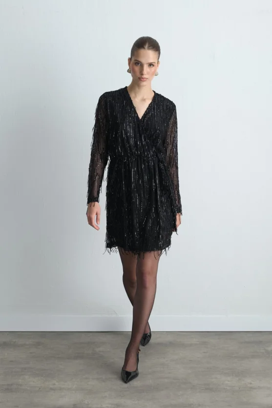 Sequin Wrap Evening Dress Black - 3