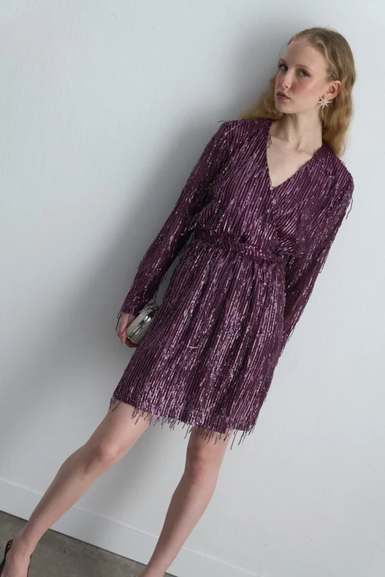 Sequin Wrap Evening Dress - Plum - Gusto