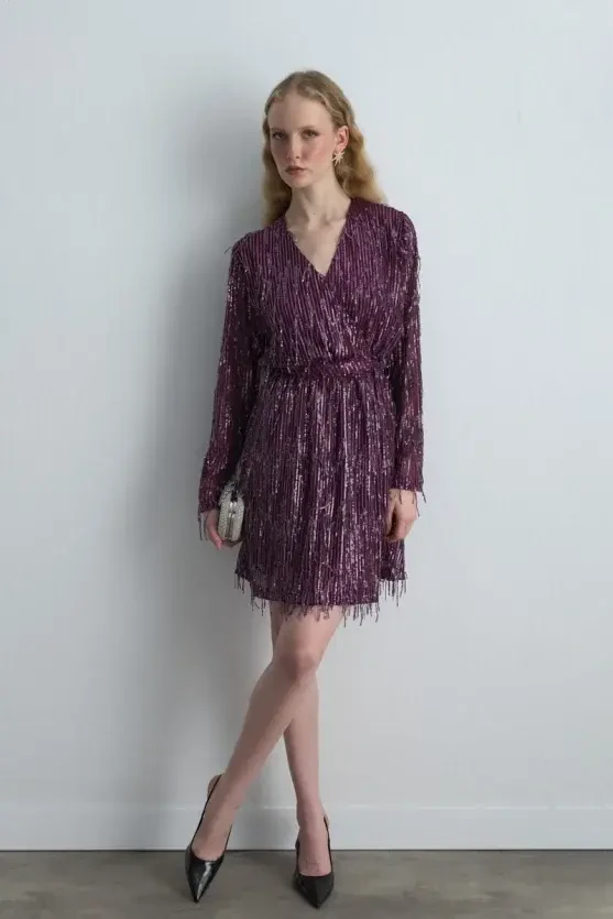 Sequin Wrap Evening Dress - Plum - Gusto