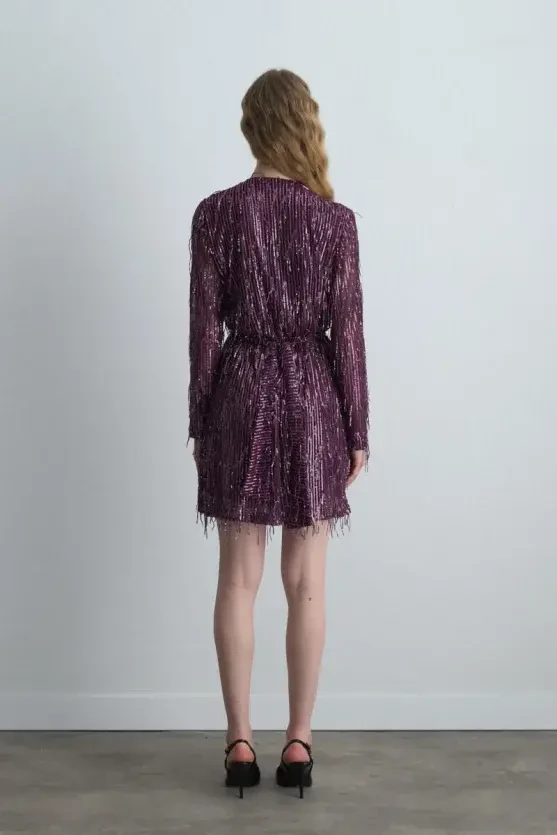 Sequin Wrap Evening Dress - Plum - 5