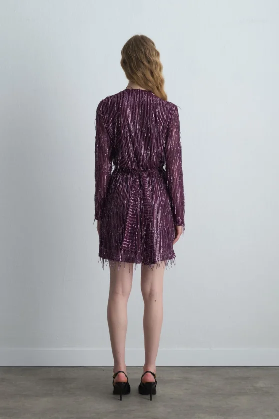 Sequin Wrap Evening Dress Plum - 5