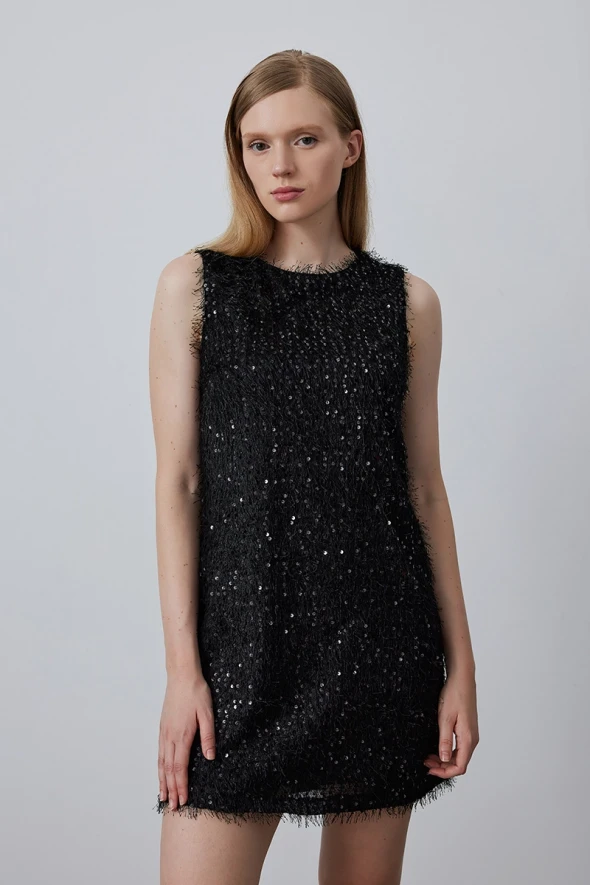 Sequined Jersey Pinafore Dress - Black - 2