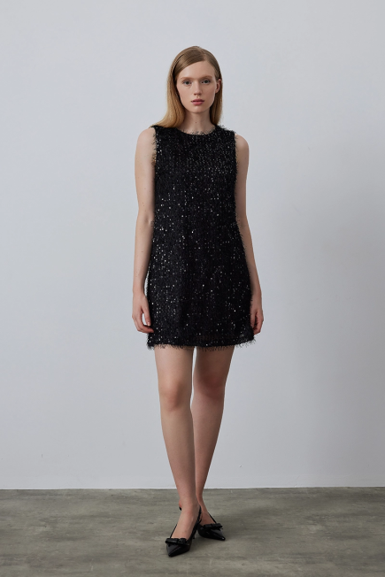 Sequined Jersey Pinafore Dress - Black - Gusto