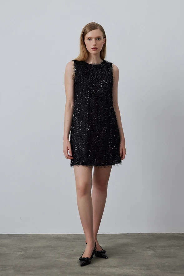 Sequined Jersey Pinafore Dress - Black - 1