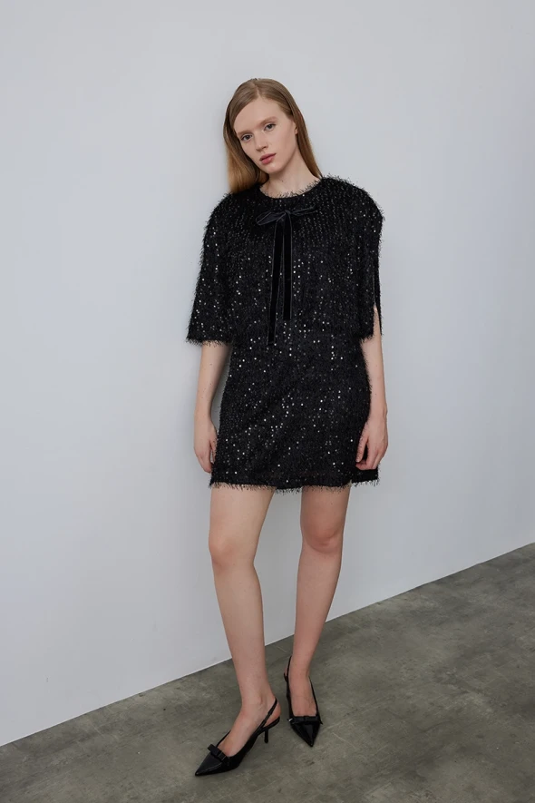 Sequined Jersey Pinafore Dress - Black - 4