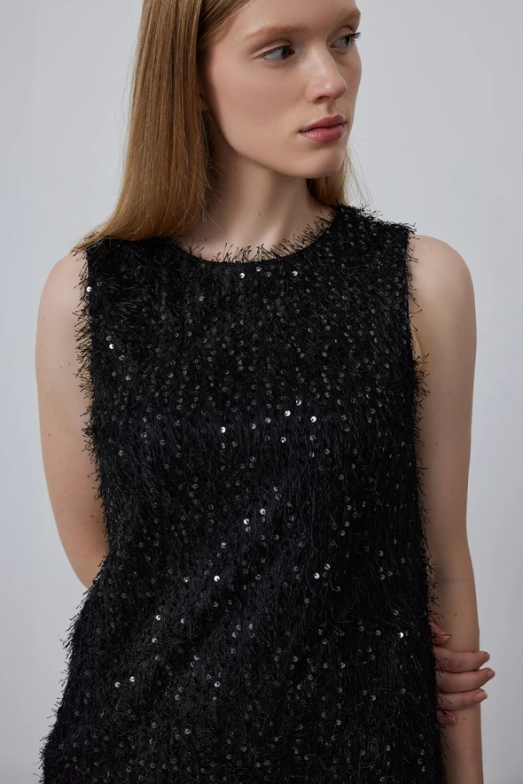 Sequined Jersey Pinafore Dress - Black - 5