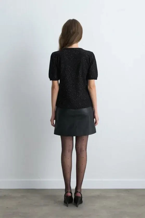 Sequined Short Sleeve Knit Blouse - Black - 3