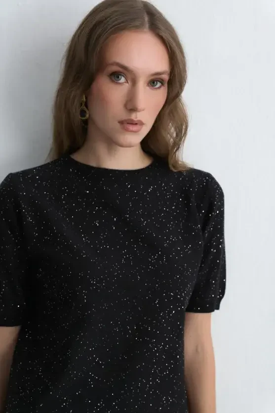 Sequined Short Sleeve Knit Blouse - Black - 4