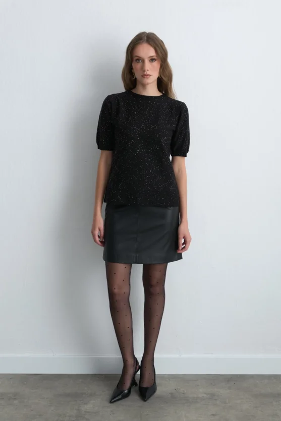 Sequined Short Sleeve Knit Blouse Black - 2