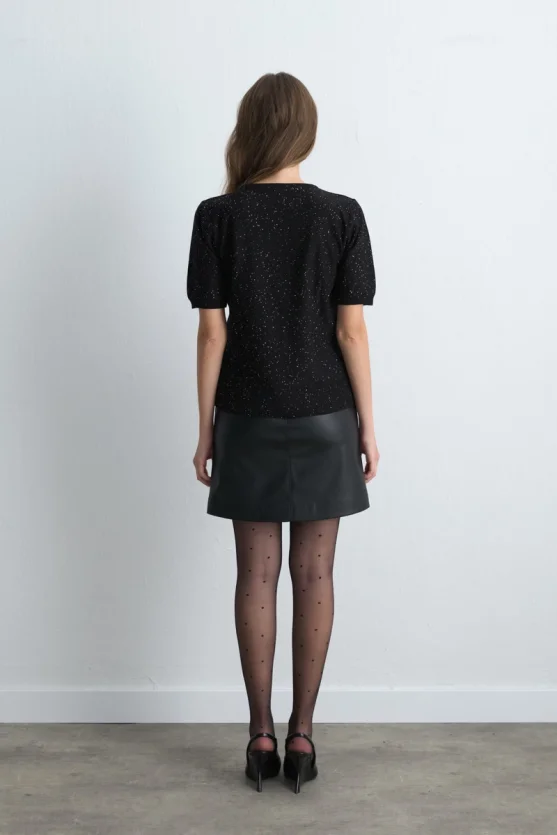 Sequined Short Sleeve Knit Blouse Black - 3