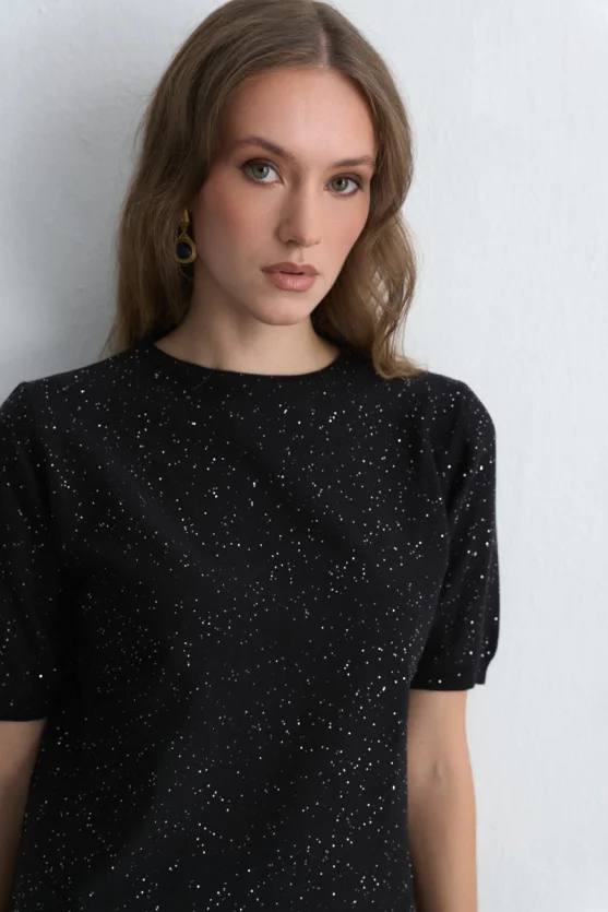 Sequined Short Sleeve Knit Blouse Black - Gusto