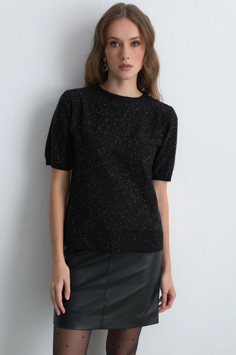 Sequined Short Sleeve Knit Blouse Black - 1