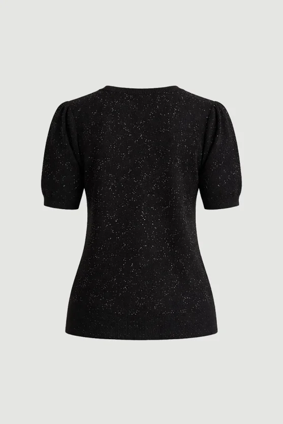 Sequined Short Sleeve Knit Blouse Black - 6