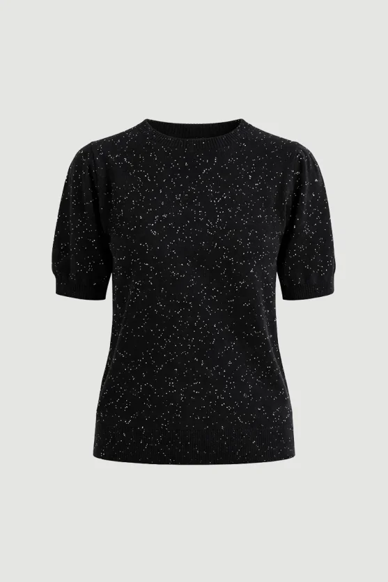 Sequined Short Sleeve Knit Blouse Black - 5