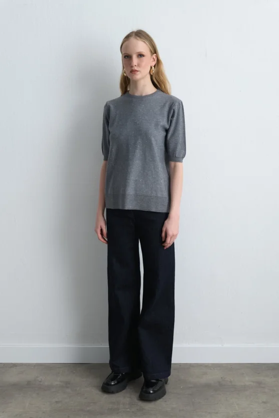 Sequined Short Sleeve Knit Blouse Gray - 2