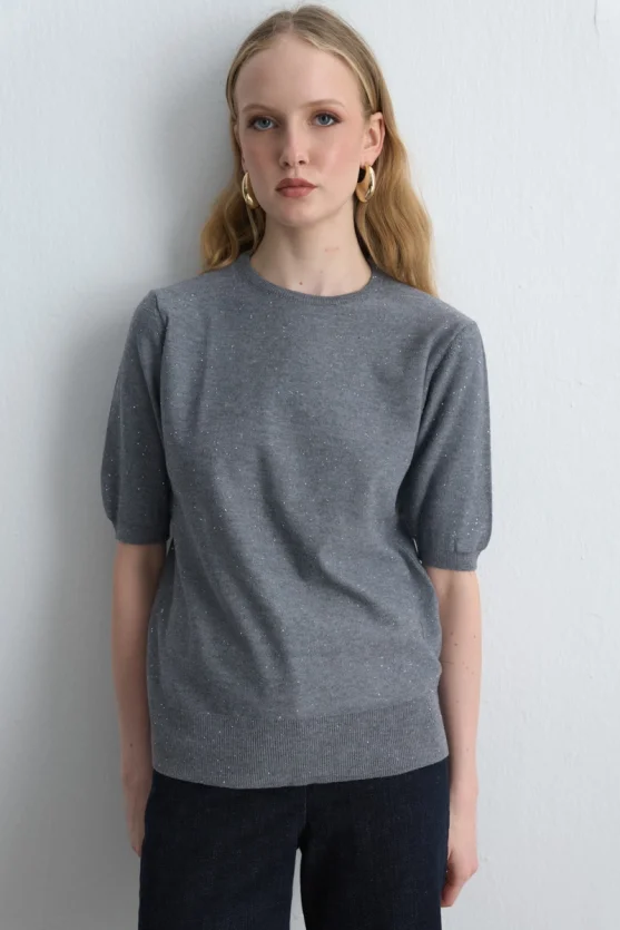 Sequined Short Sleeve Knit Blouse Gray - Gusto