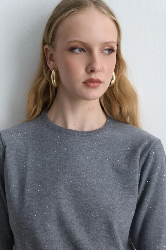 Sequined Short Sleeve Knit Blouse Gray - Gusto