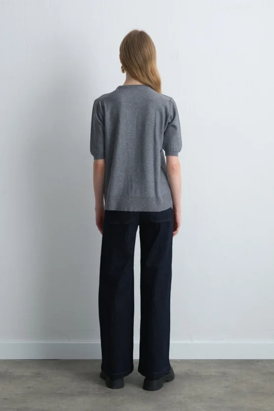 Sequined Short Sleeve Knit Blouse Gray - 6