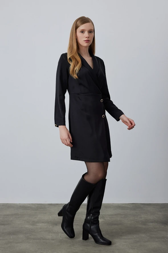 Shawl Collar Crepe Dress - Black - 3