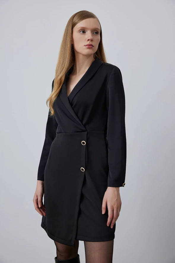 Shawl Collar Crepe Dress - Black - 2