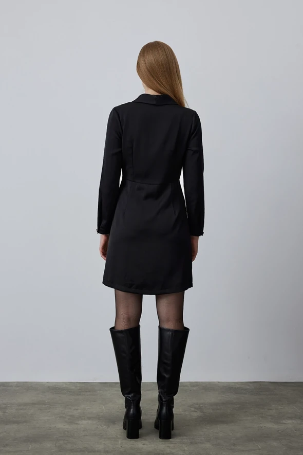 Shawl Collar Crepe Dress - Black - 4