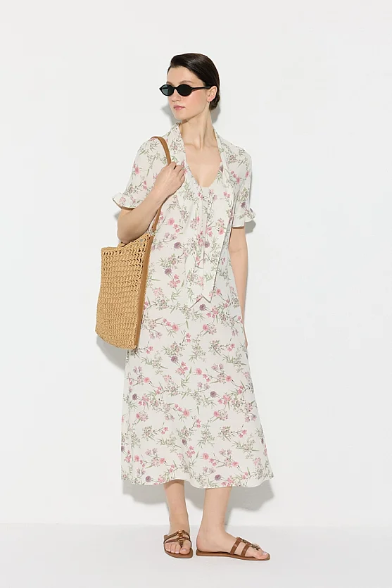 Shawl Collar Floral Pattern Viscose Linen Dress - Ecru - Gusto