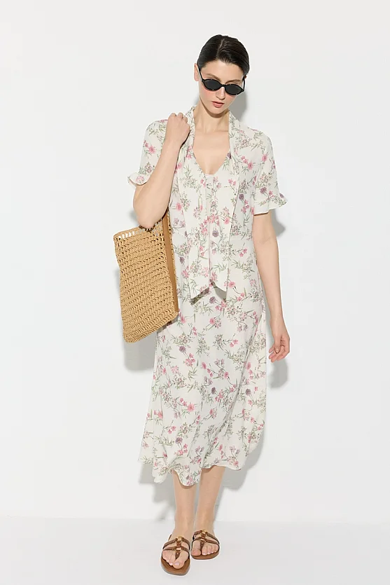 Shawl Collar Floral Pattern Viscose Linen Dress - Ecru - Gusto