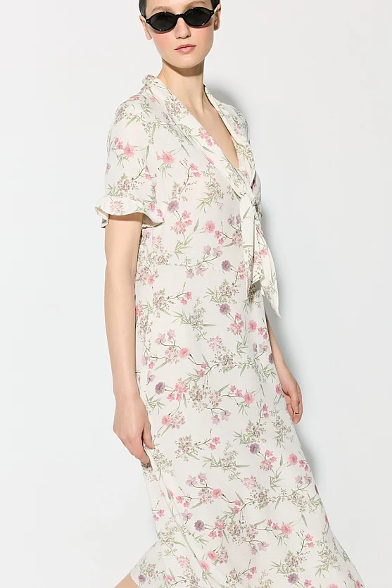 Shawl Collar Floral Pattern Viscose Linen Dress - Ecru - Gusto
