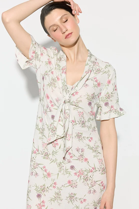 Shawl Collar Floral Pattern Viscose Linen Dress - Ecru - Gusto