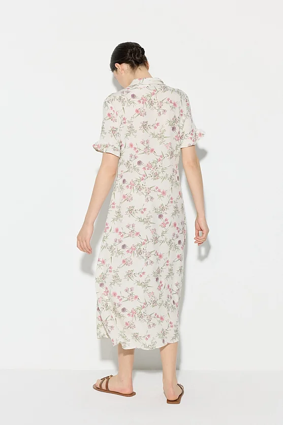 Shawl Collar Floral Pattern Viscose Linen Dress - Ecru - Gusto