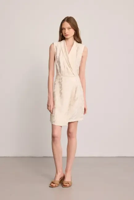 Shawl Collar Jacquard Patterned Dress - Ecru Ecru
