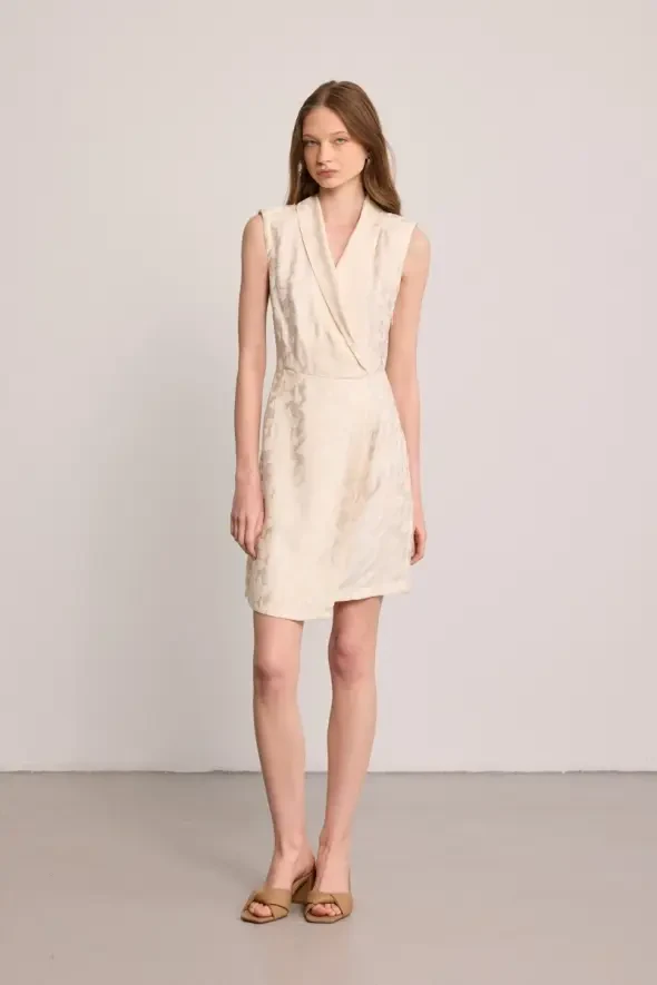 Shawl Collar Jacquard Patterned Dress - Ecru - 1
