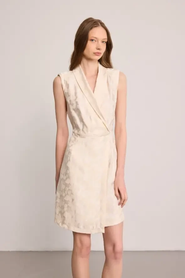 Shawl Collar Jacquard Patterned Dress - Ecru - 2