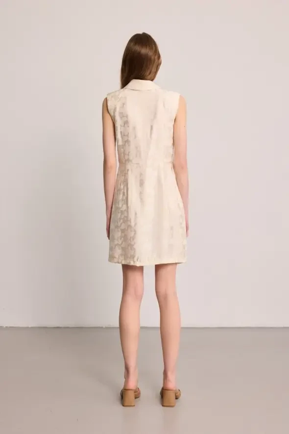 Shawl Collar Jacquard Patterned Dress - Ecru - 4