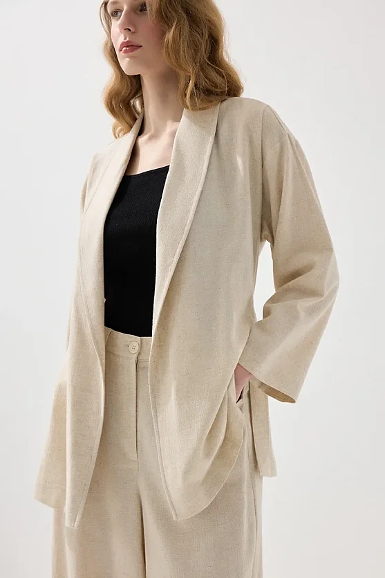 Shawl Collar Linen Kimono - Beige - 3