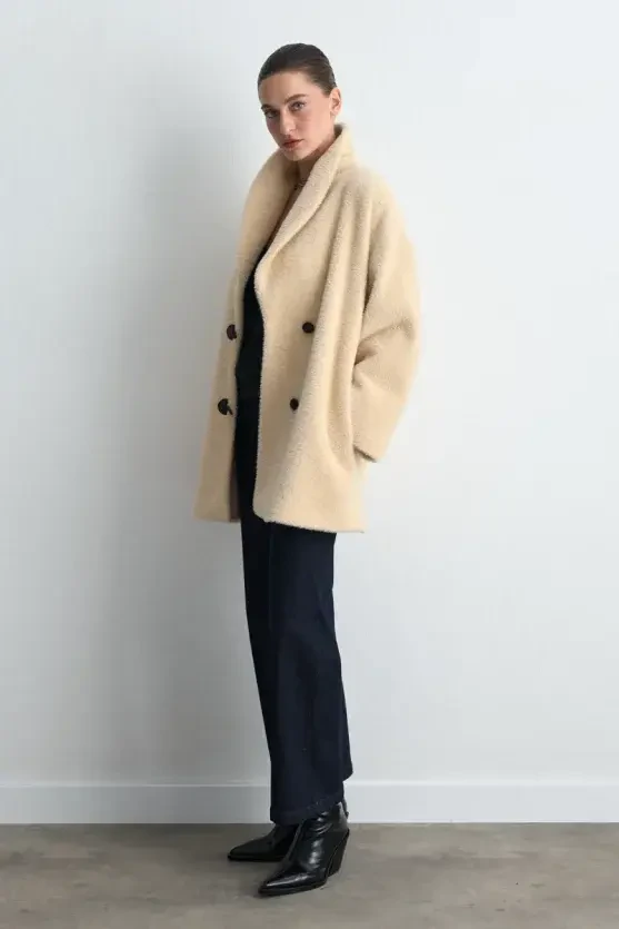 Shawl Collar Plush Coat - Beige - 4