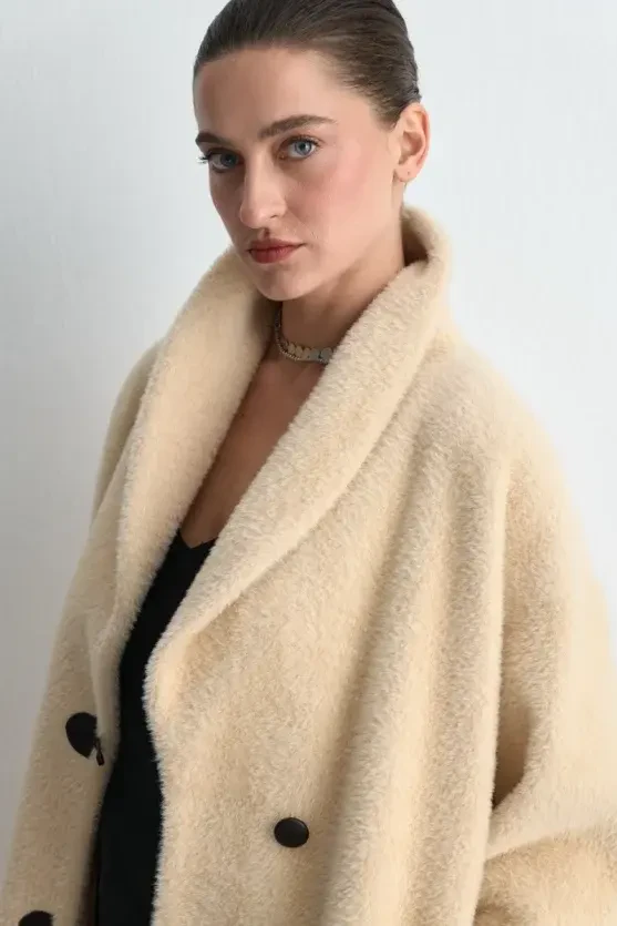 Shawl Collar Plush Coat - Beige - 5
