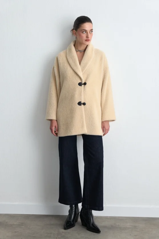 Shawl Collar Plush Coat Beige - 3