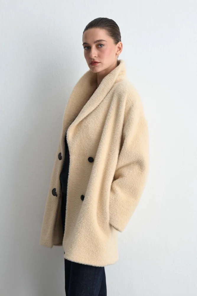 Shawl Collar Plush Coat Beige Beige