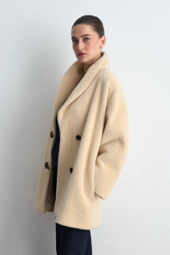Shawl Collar Plush Coat Beige - Gusto